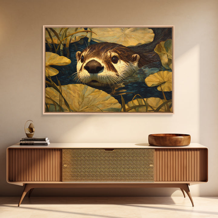 Playful Otter Floating Among Lily Pads Canvas Print, Animal Art, Boho Decor, Living Room Decor, Creature, Digital Prints, ANI-3x2-84