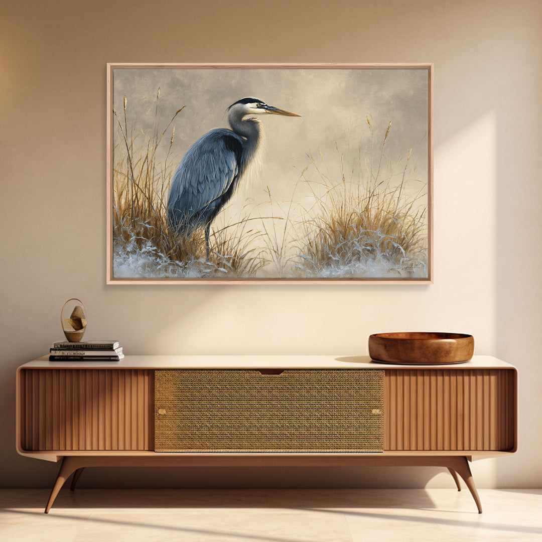 Blue Heron Standing Framed Canvas Print, Animal Art, Fine Art Print, Living Room Decor, Fine Art, Creature, Wall Decor, ANI-3x2-87