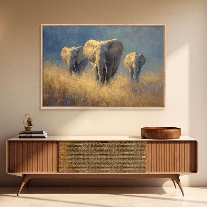 Elephant Family Walking Through Dusty Golden Light Canvas Print, Animal Art, Farmhouse Decor, Living Room Decor, Creature, ANI-3x2-90