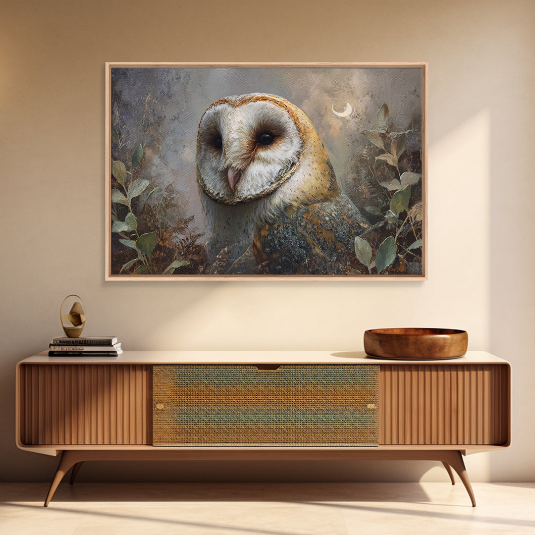 Owl with Moonlit Feathers and Celestial Accents Framed Canvas Print, Animal Art, Art, Living Room Decor, Oil Painting, Creature, ANI-3x2-91