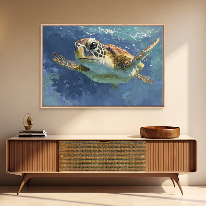 Sea Turtle Drifting Through Luminous Blue Water Canvas Print, Animal Art, Nursery, Living Room Decor, Abstract Art, Creature, ANI-3x2-94
