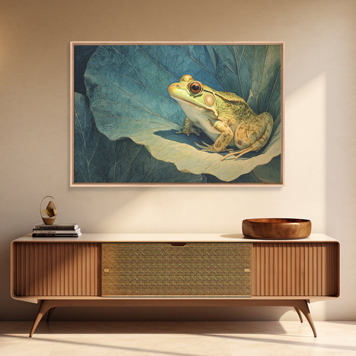 Frog on a Lotus Leaf Framed Canvas Print, Animal Art, Art Print, Living Room Decor, Watercolor Art, Creature, Digital Art, ANI-3x2-96
