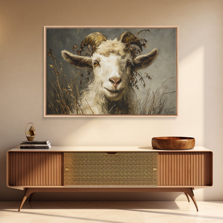 Goat Portrait with Rustic Folk Art Personality Framed Canvas Print, Animal Art, Downloadable Art, Living Room Decor, Creature, ANI-3x2-97