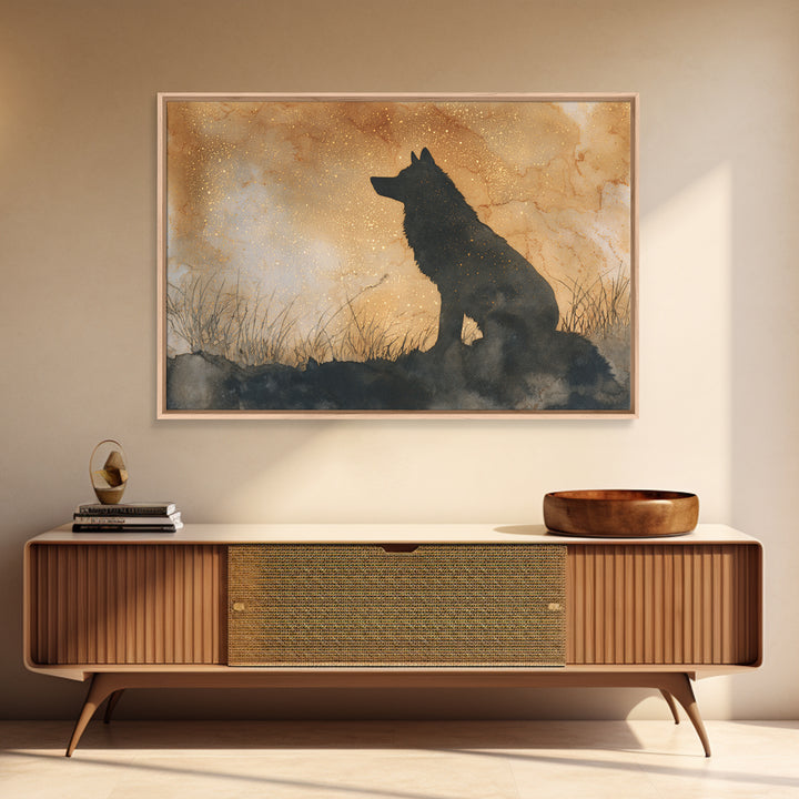 Wolf Silhouette Beneath a Star Filled Sky Canvas Print, Animal Art, Living Room Decor, Fine Art, Creature, Fine Art Print, ANI-3x2-98