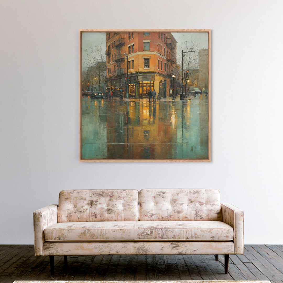 Moody City Scene Reflected Canvas Print, Art, Abstract Art, Living Room Decor, Fine Art, Pink Wall Art, Horizontal Wall Art, ART-1x1-10