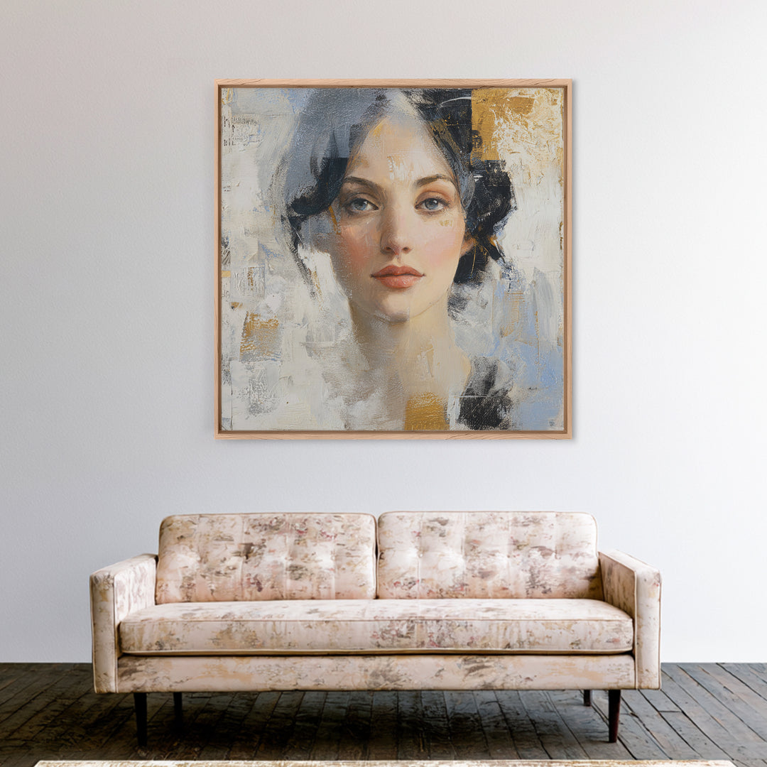 Expressive Portrait with Dramatic Light and Textured Framed Canvas Print, Art, Horizontal Wall Art, Living Room Decor, Fine Art, ART-1x1-100