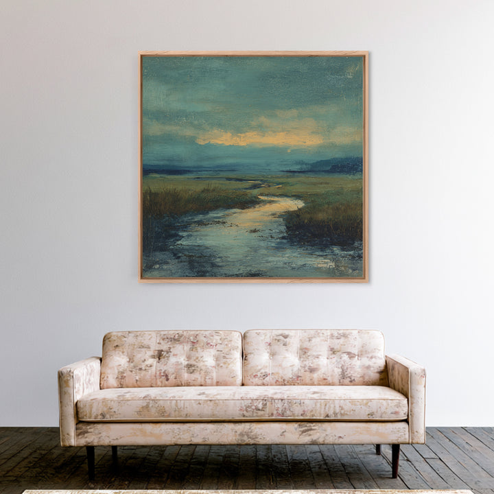 Classic Landscape with Winding River and Atmospheric Framed Canvas Print, Art, Art Nouveau, Living Room Decor, Oil Painting, ART-1x1-27