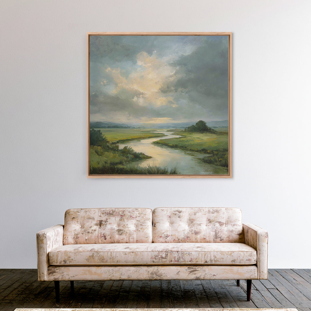 Classic Landscape with Winding River and Atmospheric Canvas Print, Art, Art Commission, Living Room Decor, Fine Art, ART-1x1-3