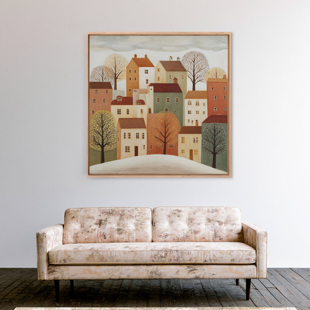 Naive Folk Art Village Framed Canvas Print, Art, Large Wall Art, Living Room Decor, Fine Art, Prints Wall Art, ART-1x1-44