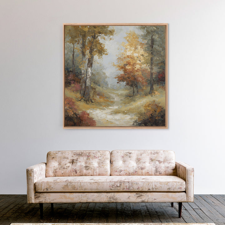 Woodland Path with Golden Autumn Atmosphere Framed Canvas Print, Art, Original Art, Living Room Decor, Fine Art, ART-1x1-47