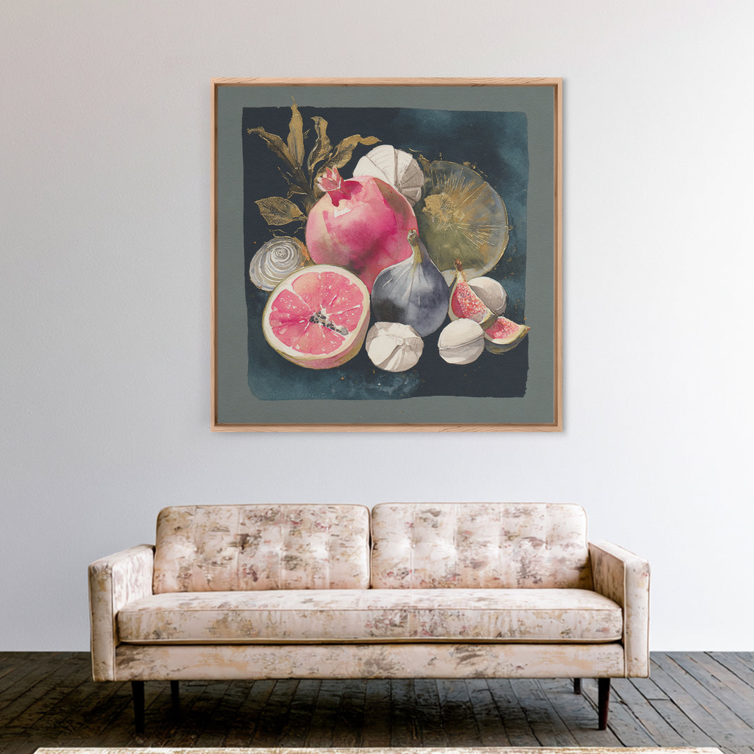 Bold Pop Fruit Composition Framed Canvas Print, Art, Abstract Art, Living Room Decor, Fine Art, Pink Wall Art, ART-1x1-64