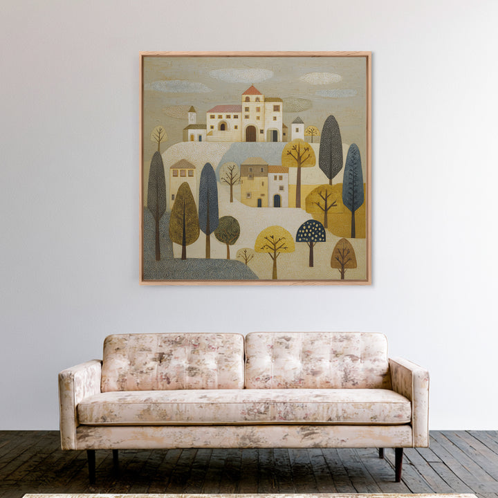 Naive Folk Art Village Framed Canvas Print, Art, Wood Wall Art, Living Room Decor, Fine Art, Modern Decor, Fine Art Print, ART-1x1-68