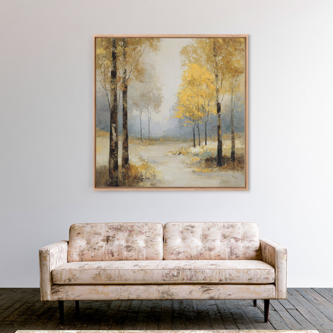 Woodland Path with Golden Autumn Atmosphere Framed Canvas Print, Art, Printable Art, Living Room Decor, Fine Art, ART-1x1-71