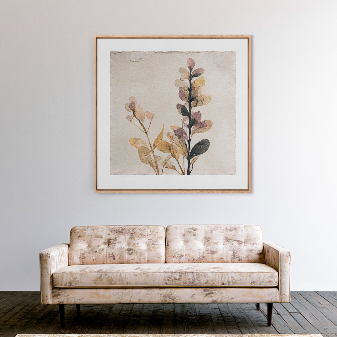 Minimal Botanical Ink Drawing on Handmade Paper Canvas Print, Art, Neutral Decor, Living Room Decor, Fine Art, ART-1x1-77