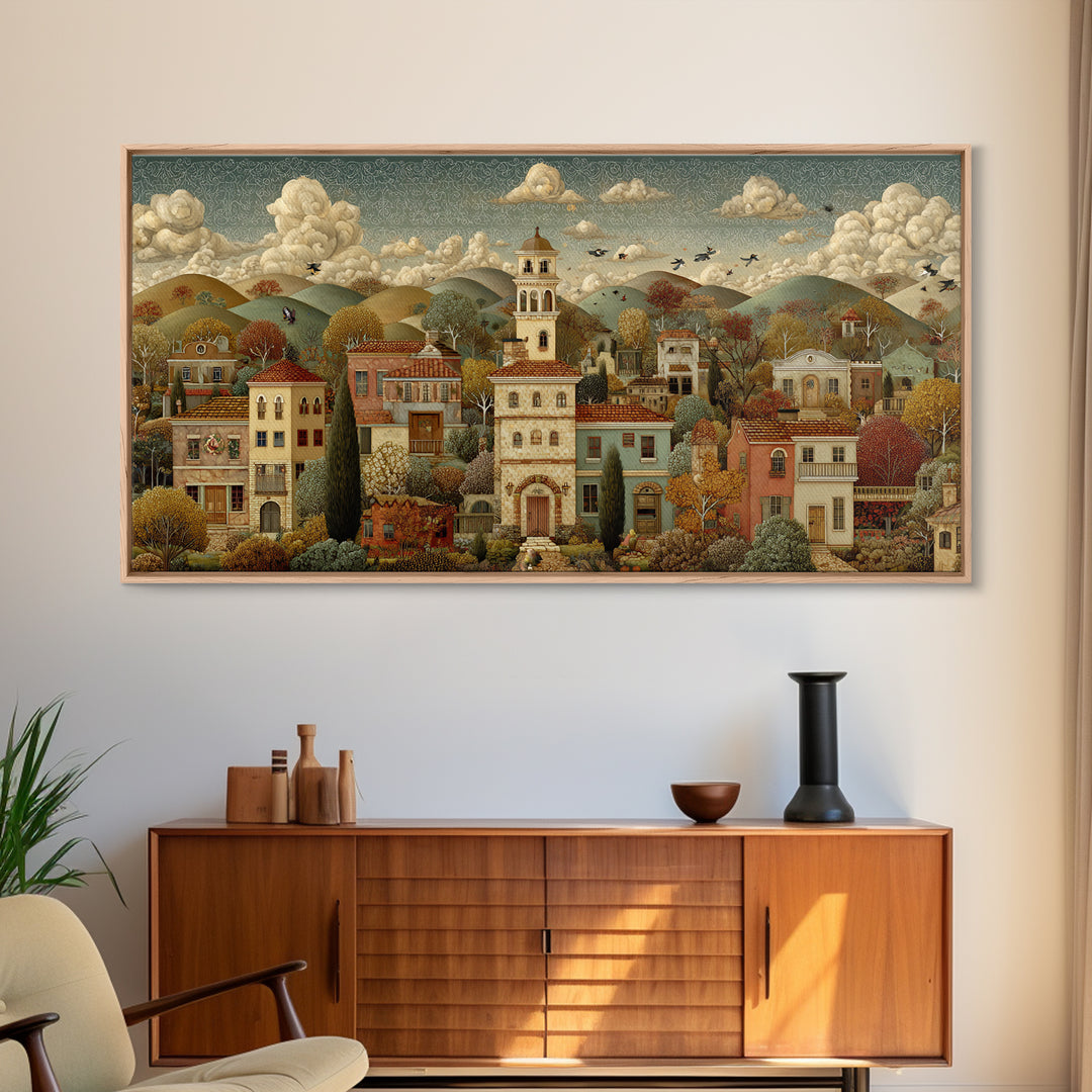 Naive Folk Art Village Framed Canvas Print, Art, Neutral Decor, Living Room Decor, Fine Art, Art Prints, Digital Art, ART-2x1-16