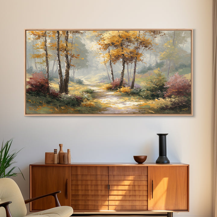 Woodland Path with Golden Autumn Atmosphere Framed Canvas Print, Art, Printable Art, Living Room Decor, Fine Art, ART-2x1-19
