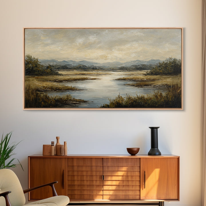 Classic Landscape with Winding River and Atmospheric Framed Canvas Print, Art, Art Print, Living Room Decor, Fine Art, ART-2x1-23
