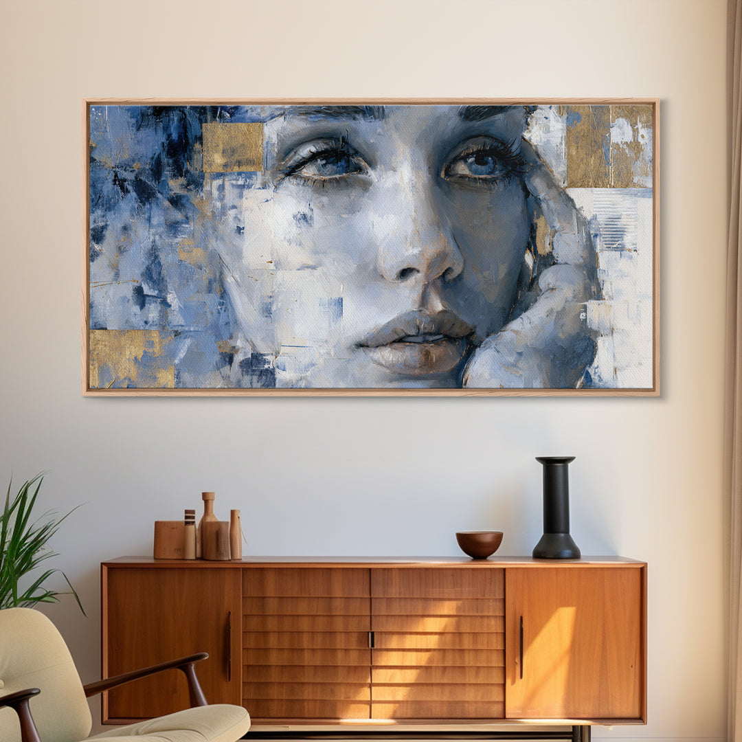 Expressive Portrait with Dramatic Light and Textured Framed Canvas Print, Art, Textured Painting, Living Room Decor, Fine Art, ART-2x1-24