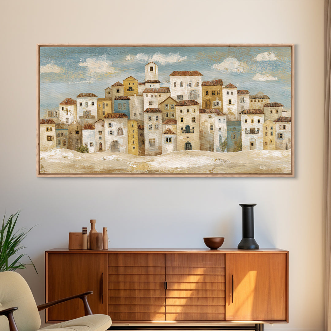 Naive Folk Art Village Framed Canvas Print, Art, Wall Art, Living Room Decor, Fine Art, Original Art, Art Nouveau, ART-2x1-40