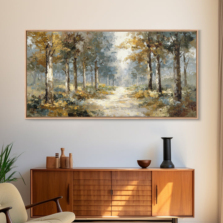 Woodland Path with Golden Autumn Atmosphere Framed Canvas Print, Art, Art Prints, Living Room Decor, Fine Art, ART-2x1-43