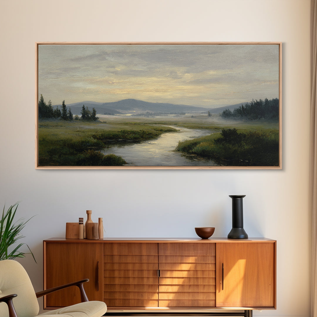 Classic Landscape with Winding River and Atmospheric Canvas Print, Art, Digital Wall Art, Living Room Decor, Fine Art, ART-2x1-47