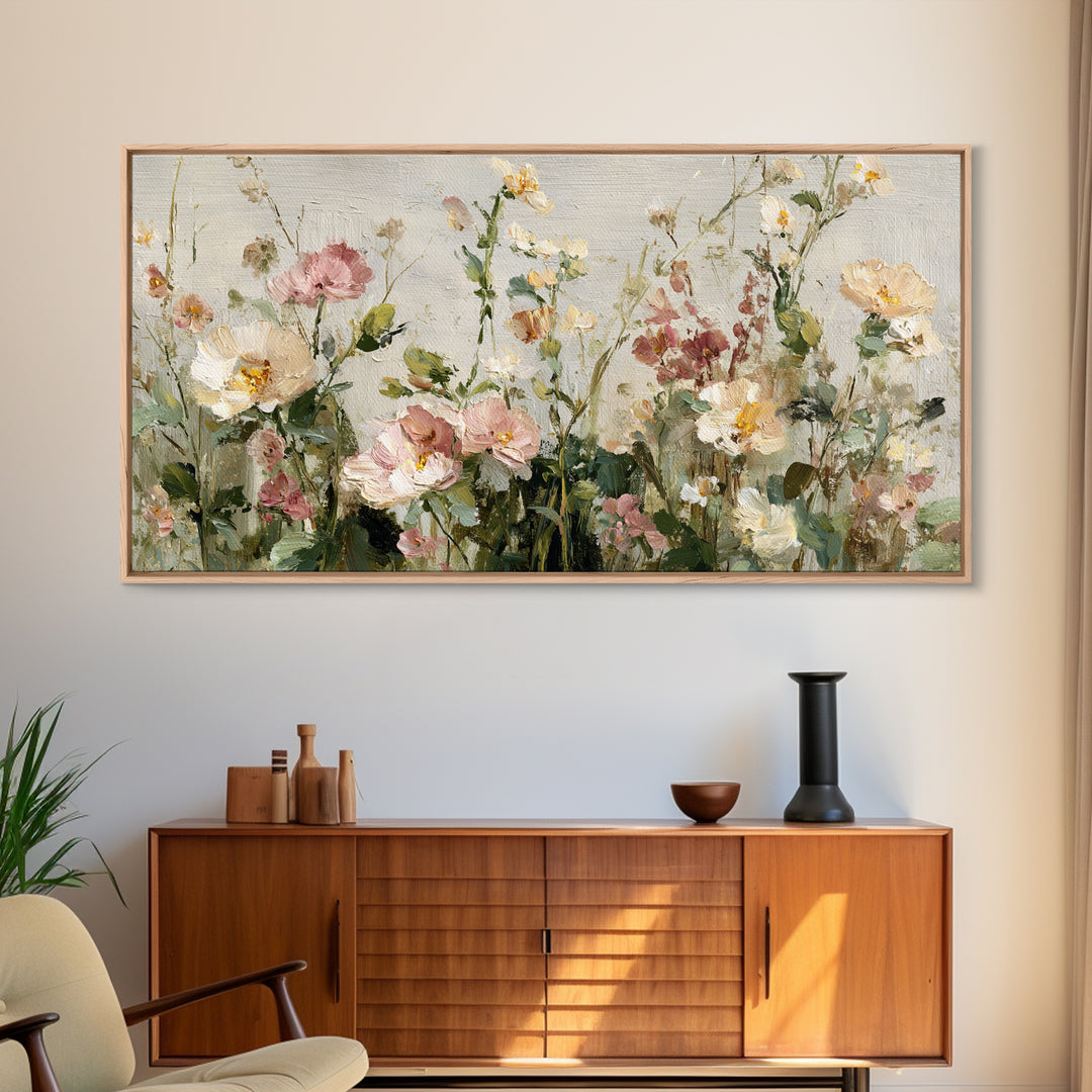 Painterly Meadow with Loose Impressionist Flowers Framed Canvas Print, Art, Canvas Art, Living Room Decor, Watercolor Art, ART-2x1-59