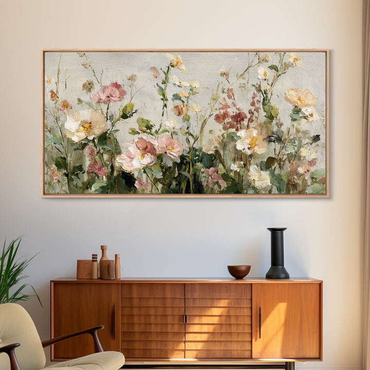 Painterly Meadow with Loose Impressionist Flowers Framed Canvas Print, Art, Canvas Art, Living Room Decor, Watercolor Art, ART-2x1-59
