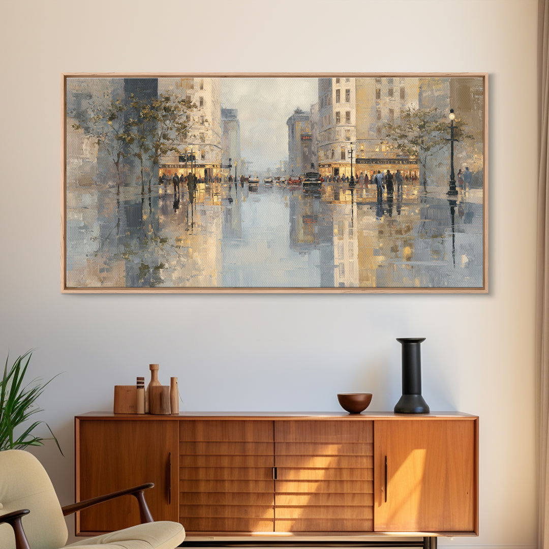 Moody City Scene Reflected Framed Canvas Print, Art, Neutral Decor, Living Room Decor, Fine Art, Art Prints, ART-2x1-6