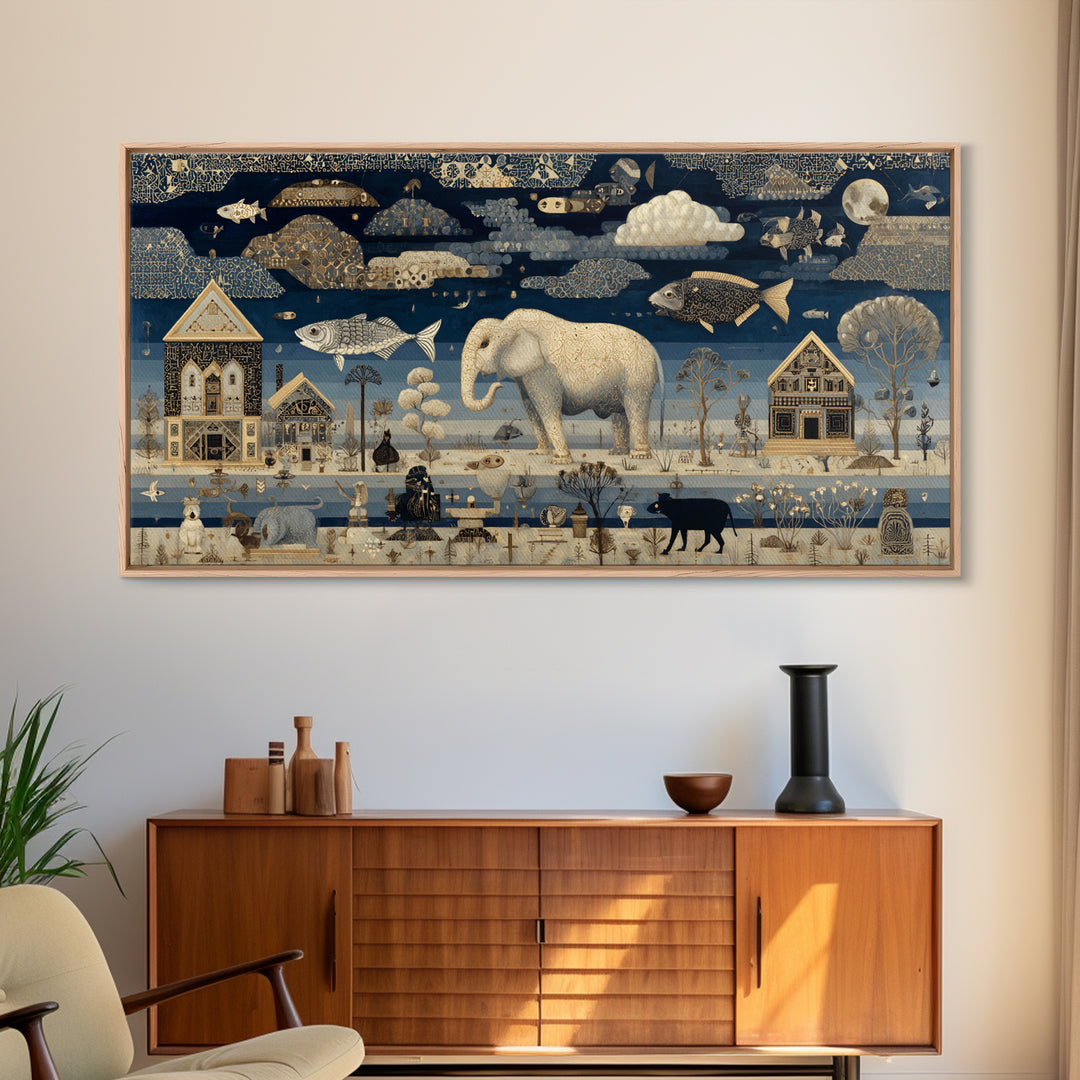 Naive Folk Art Village Canvas Print, Art, Wall Art Prints, Living Room Decor, Fine Art, Ai Art, Textured Wall Art, ART-2x1-64