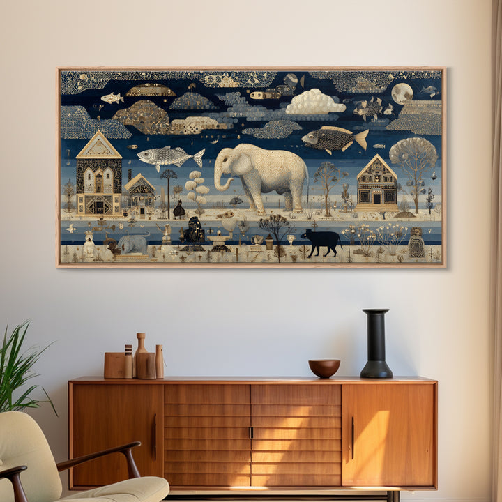 Naive Folk Art Village Canvas Print, Art, Wall Art Prints, Living Room Decor, Fine Art, Ai Art, Textured Wall Art, ART-2x1-64