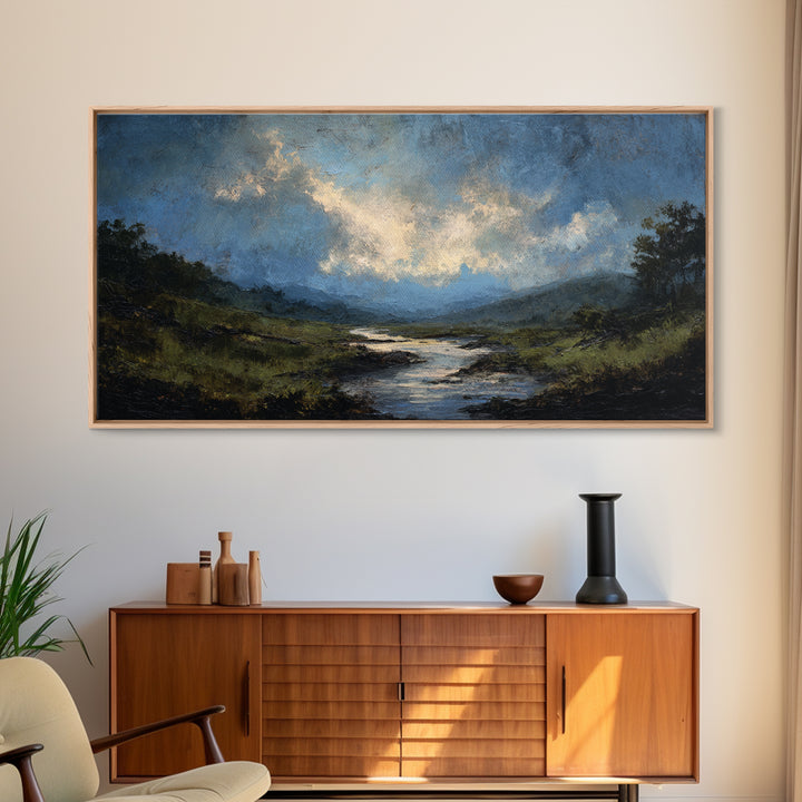 Classic Landscape with Winding River and Atmospheric Canvas Print, Art, Black Art, Living Room Decor, Fine Art, ART-2x1-71
