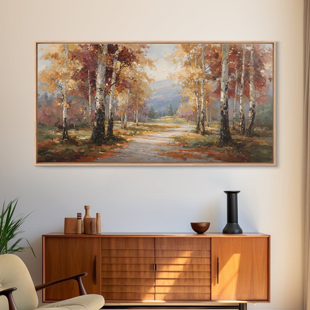 Woodland Path with Golden Autumn Atmosphere Framed Canvas Print, Art, Art Print, Living Room Decor, Fine Art, ART-2x1-91