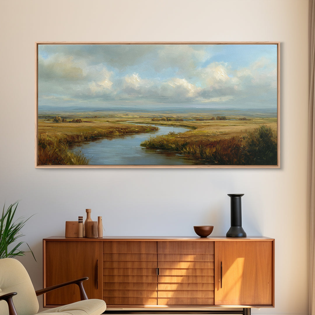 Classic Landscape with Winding River and Atmospheric Canvas Print, Art, Abstract Wall Art, Living Room Decor, ART-2x1-95