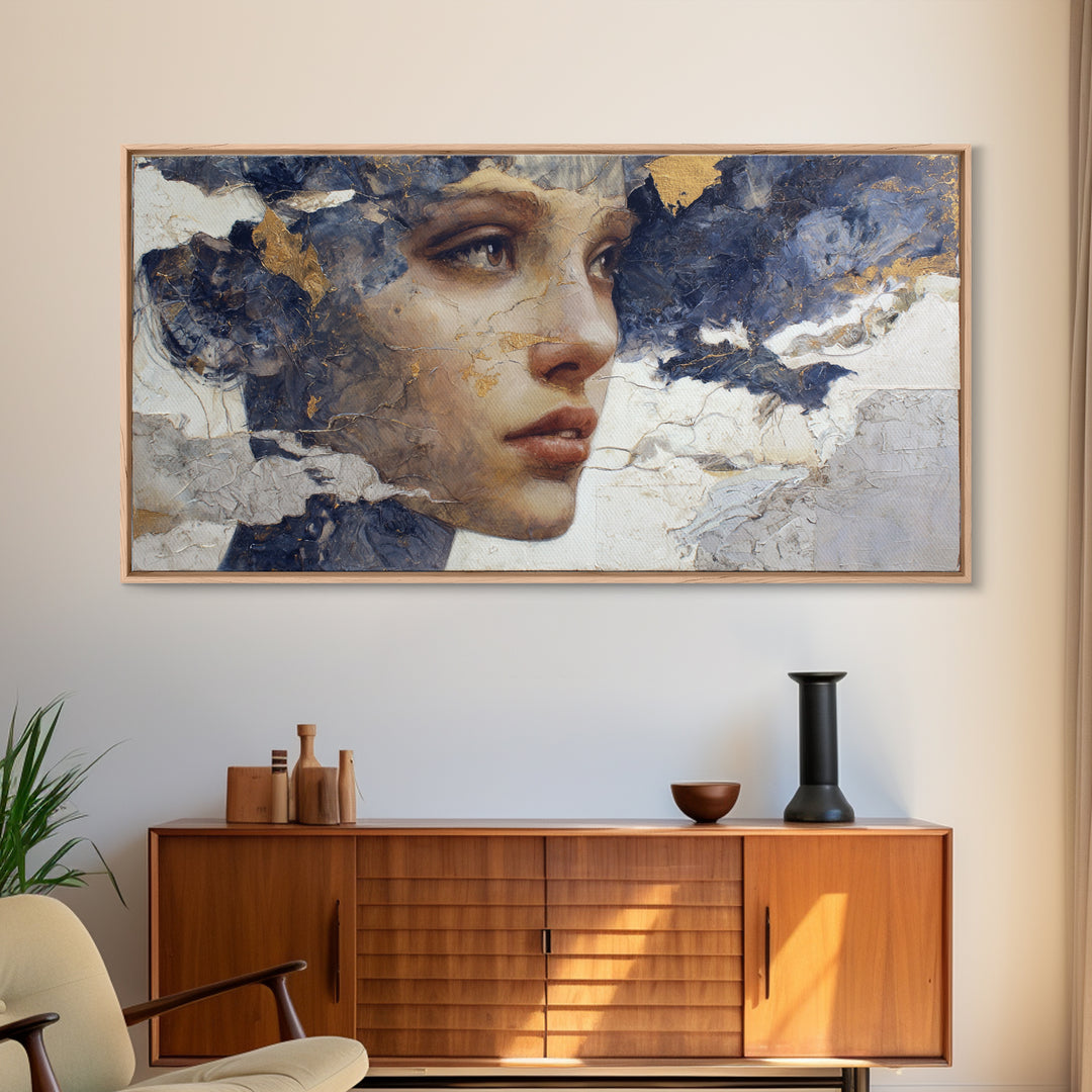 Expressive Portrait with Dramatic Light and Textured Framed Canvas Print, Art, Textured Wall Art, Living Room Decor, Fine Art, ART-2x1-96
