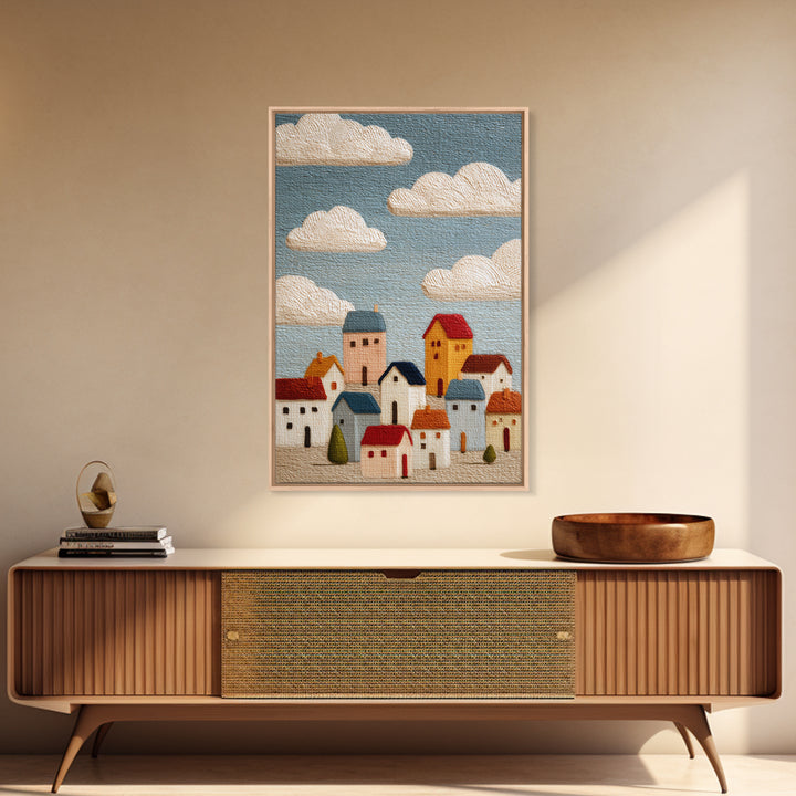Naive Folk Art Village Framed Canvas Print, Art, Printable Wall Art, Living Room Decor, Fine Art, Canvas Art, ART-2x3-28