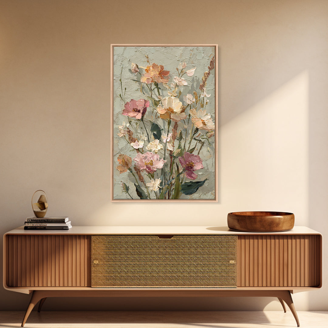 Painterly Meadow with Loose Impressionist Flowers Framed Canvas Print, Art, Neutral Decor, Living Room Decor, Fine Art, ART-2x3-47