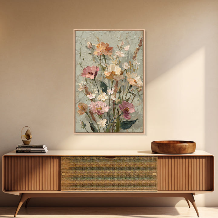 Painterly Meadow with Loose Impressionist Flowers Framed Canvas Print, Art, Neutral Decor, Living Room Decor, Fine Art, ART-2x3-47