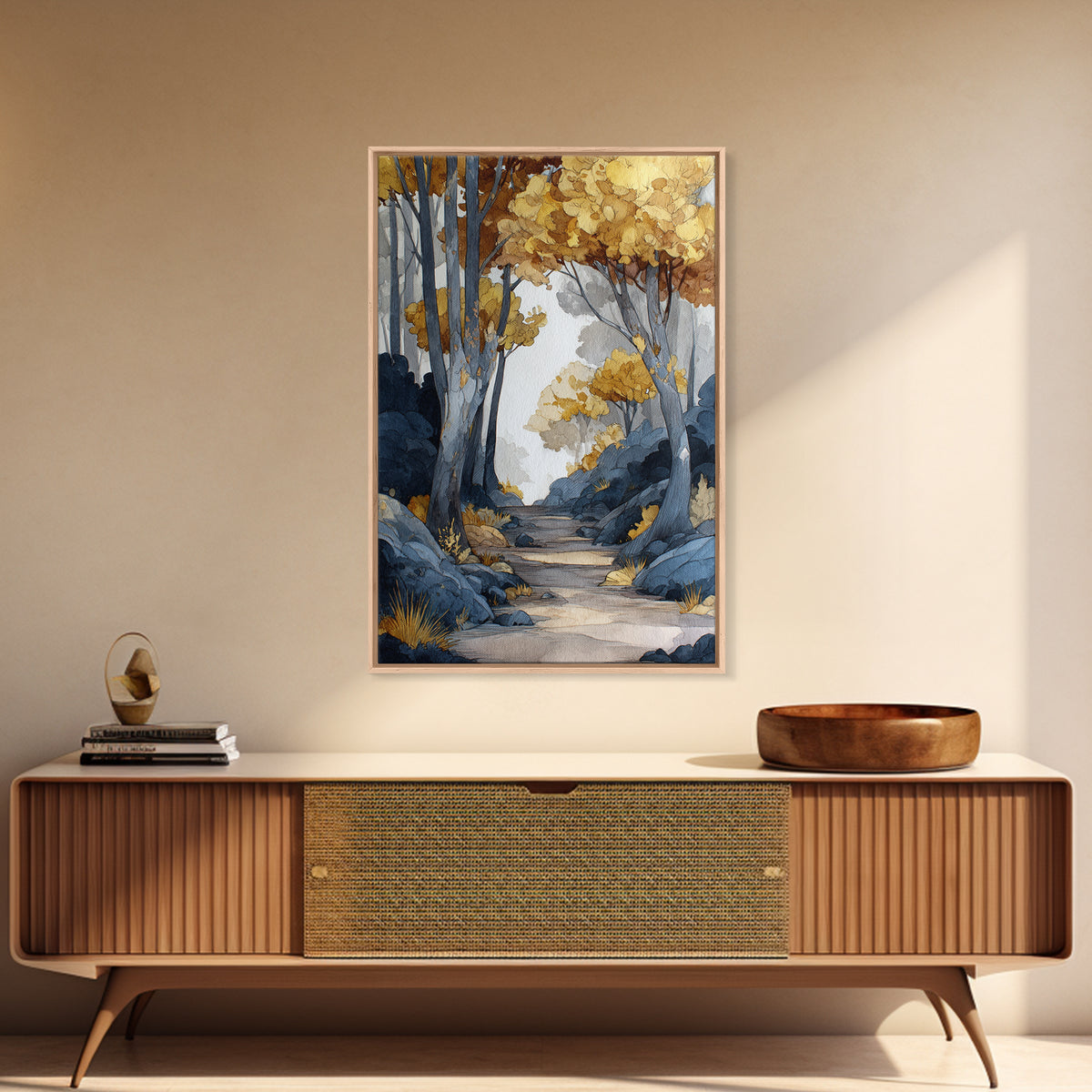Woodland Path with Golden Autumn Atmosphere Framed Canvas Print, Art, Horizontal Wall Art, Living Room Decor, Fine Art, ART-2x3-55