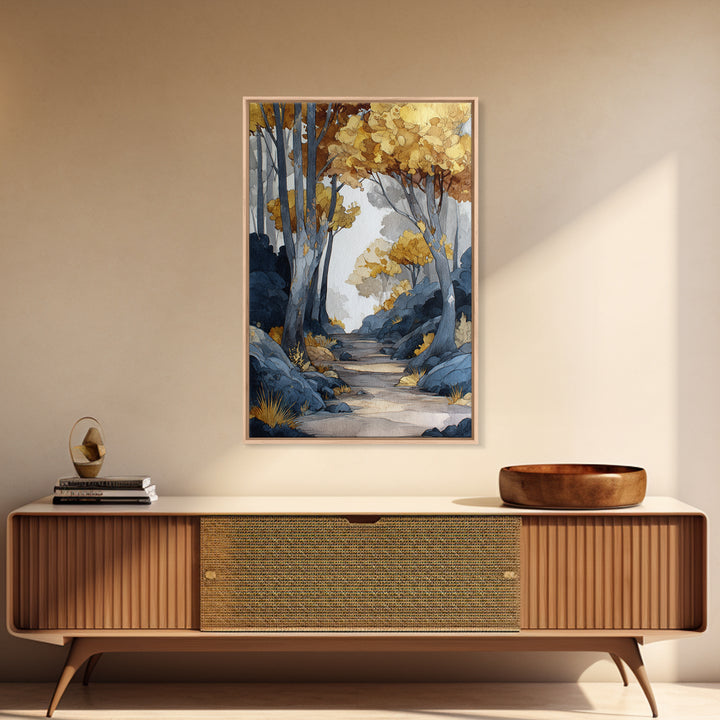 Woodland Path with Golden Autumn Atmosphere Framed Canvas Print, Art, Horizontal Wall Art, Living Room Decor, Fine Art, ART-2x3-55