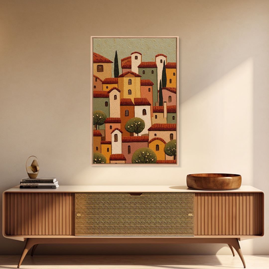 Naive Folk Art Village Framed Canvas Print, Art, Wall Art Prints, Living Room Decor, Fine Art, Ai Art, Textured Wall Art, ART-2x3-76