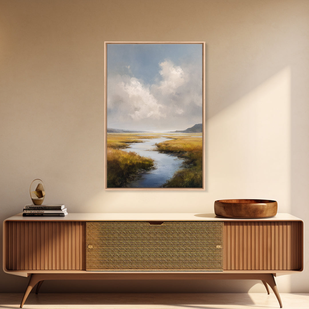 Classic Landscape with Winding River and Atmospheric Framed Canvas Print, Art, Art Print, Living Room Decor, Fine Art, ART-2x3-83