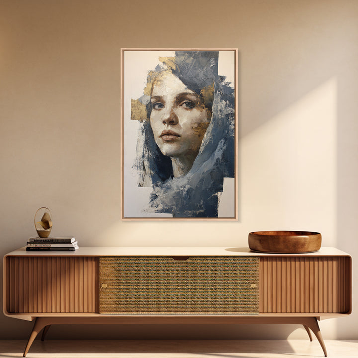 Expressive Portrait with Dramatic Light and Textured Framed Canvas Print, Art, Art Nouveau, Living Room Decor, Fine Art, ART-2x3-84