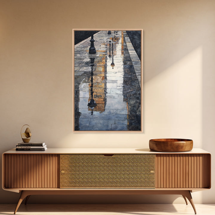 Moody City Scene Reflected Framed Canvas Print, Art, Living Room Decor, Fine Art, Art Nouveau, Framed Wall Art, ART-2x3-90