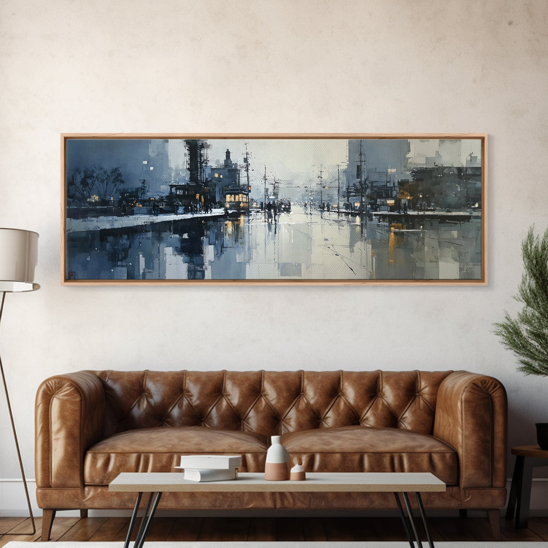 Moody City Scene Reflected Framed Canvas Print, Art, Wall Art, Living Room Decor, Fine Art, Original Art, Art Nouveau, ART-3x1-2
