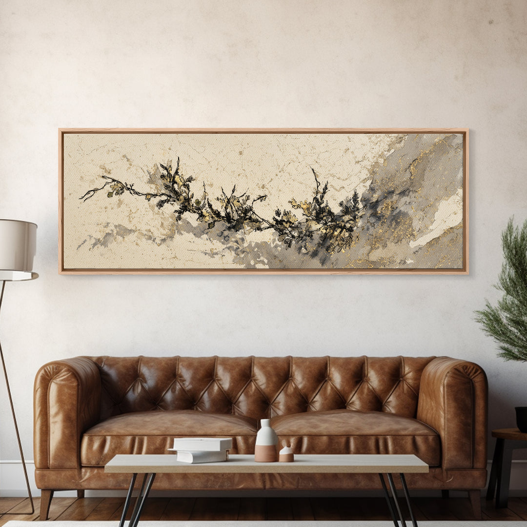 Minimal Botanical Ink Drawing on Handmade Paper Canvas Print, Art, Art Deco, Living Room Decor, Fine Art, Printable Art, ART-3x1-21