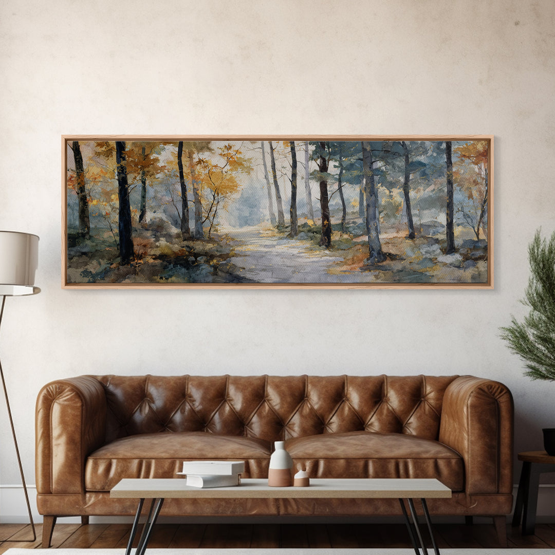 Woodland Path with Golden Autumn Atmosphere Canvas Print, Art, Home Decor, Living Room Decor, Fine Art, Minimalist Decor, ART-3x1-39