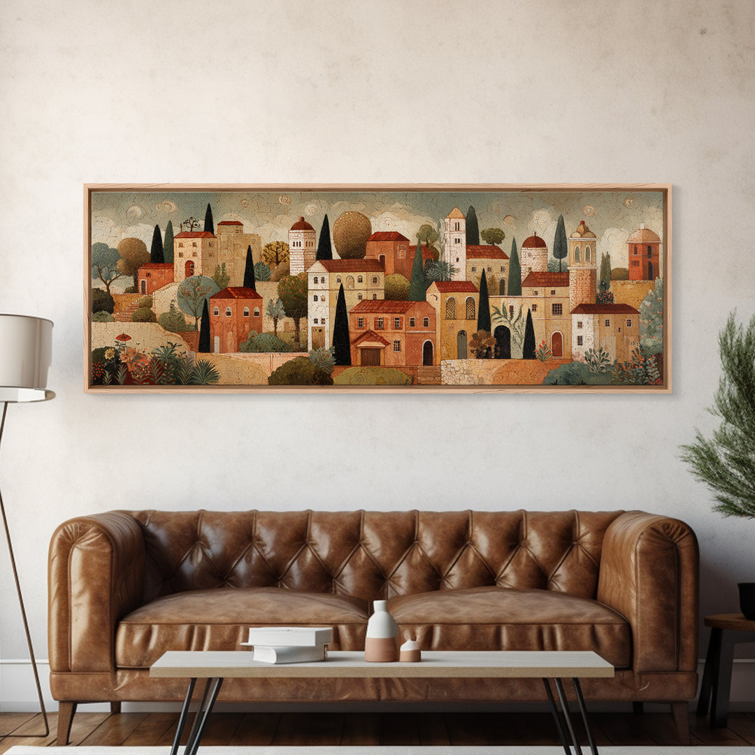 Naive Folk Art Village Framed Canvas Print, Art, Modern Decor, Living Room Decor, Fine Art, Art Prints, Digital Art, ART-3x1-60