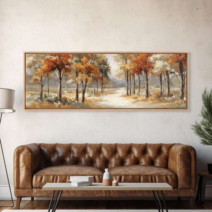 Woodland Path with Golden Autumn Atmosphere Framed Canvas Print, Art, Statement Artwork, Living Room Decor, Fine Art, ART-3x1-63