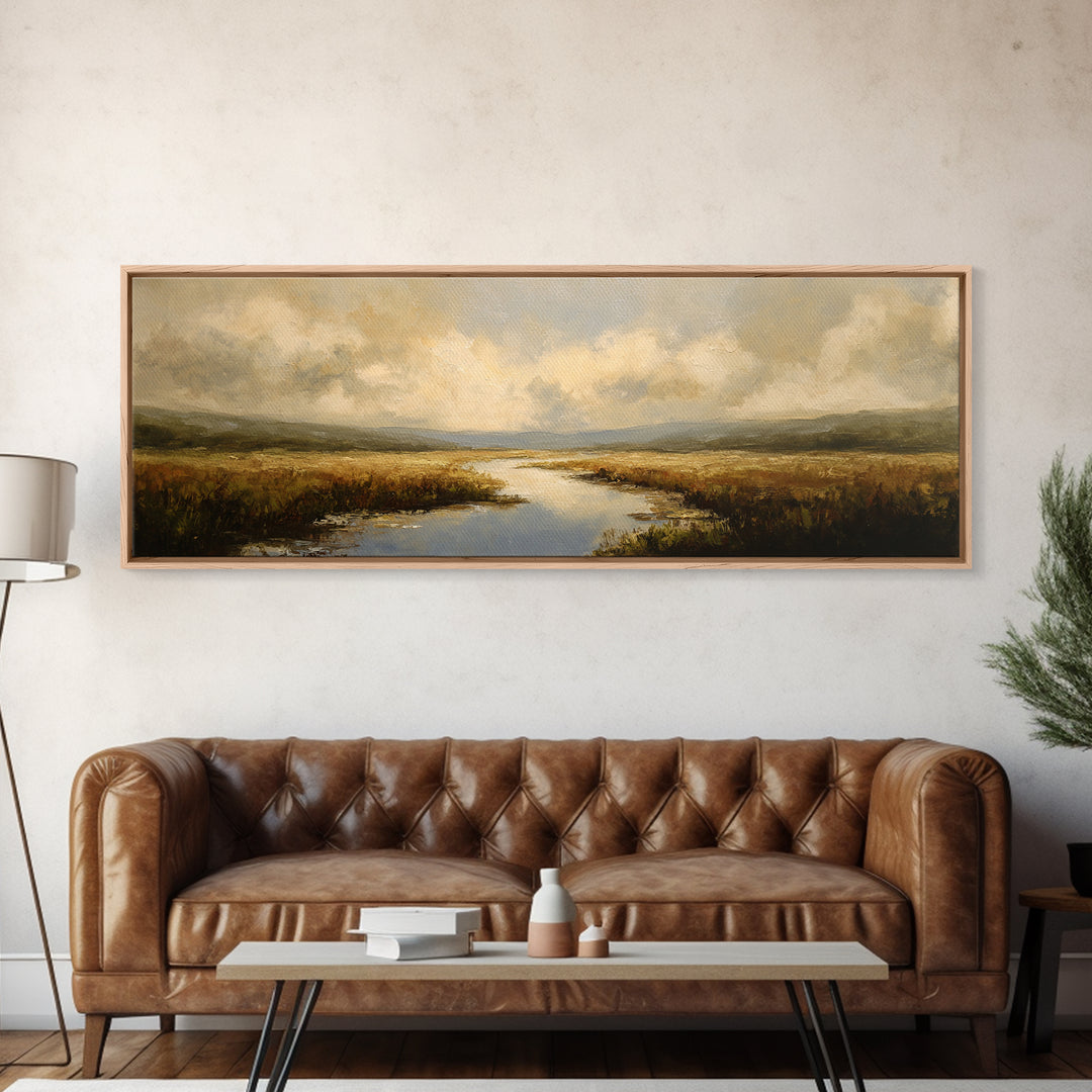 Classic Landscape with Winding River and Atmospheric Framed Canvas Print, Art, Digital Art, Living Room Decor, Fine Art, ART-3x1-67