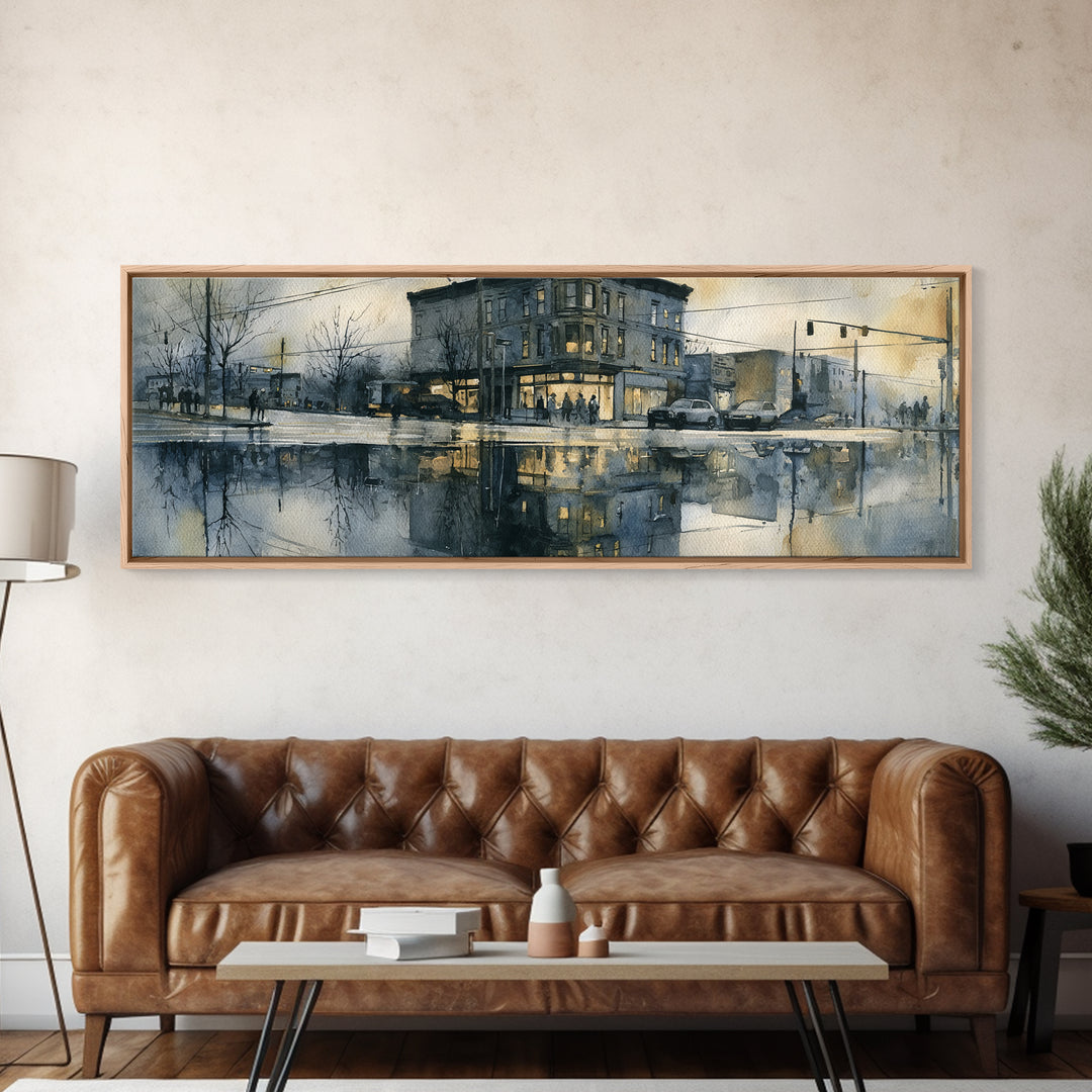 Moody City Scene Reflected Framed Canvas Print, Art, Art Deco, Living Room Decor, Oil Painting, Printable Art, ART-3x1-74